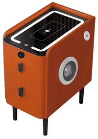 Noptieră inteligentă slim cu &icirc;ncărcare wireless, iluminare LED, difuzor Bluetooth, port USB &amp; Type-C și sistem cu amprentă &ndash; culoare portocaliu, 2 sertare, design modern din sticlă și lemn