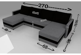Colțar extensibil universal în U BRISTOL, tapițat, gri/negru