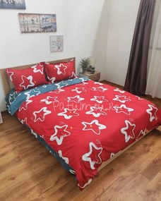 Lenjerie de pat cu 2 fete, policoton, pat 2 persoane, 4 piese, rosu / albastru, R4-323