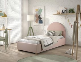 Pat tapițat pentru copii MOON, 90 x 200 cm, roz, cu țesătură bouclé și spațiu de depozitare – Vipack