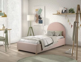 Pat tapițat pentru copii MOON, 90 x 200 cm, roz, cu țesătură bouclé și spațiu de depozitare – Vipack