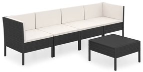 Set mobilier de gradina cu perne, 5 piese, negru, poliratan 2x colt + 2x mijloc + masa, 1