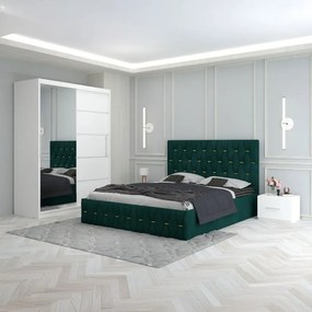 Set Mobila De Dormitor Eric Verde, pat tapitat 160x200cm,  dulap cu oglinda 150x210cm, noptiere