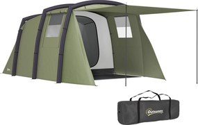 Outsunny Cort Gonflabil Tip Tunel pentru 3-6 Persoane cu Pridvor, Ferestre din Plasă și Husă, Impermeabil, Verde Măsliniu | Aosom Romania