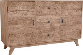 Bufet living în stil etnic, din lemn de mango, natur, cu 2 uși sculptate manual, 3 sertare și picioare înclinate, 91 x 150 x 45 cm, „Kheda”