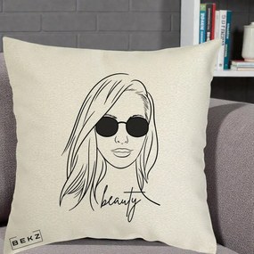 Perna Decorativa Beauty Girl Line Art, 40x40 cm, Ecru, Husa Detasabila, Perna Inclusa, BEKZ®