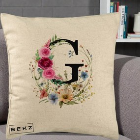 Cadou Personalizat - Perna Personalizata Monogram Litera G cu Flori Acuarela, 40x40 cm, Bej, Husa Detasabila, Perna Inclusa, BEKZ®