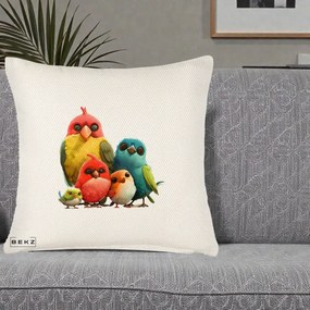 Perna Decorativa Familie de Pasarele Colorate, 40x40 cm, Crem Reliefat, Husa Detasabila, Perna Inclusa, BEKZ®