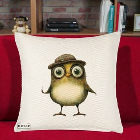 Perna Decorativa Pui Intelectual cu Palarie Tweed, 40x40 cm, Crem Reliefat, Husa Detasabila, Perna Inclusa, BEKZ®