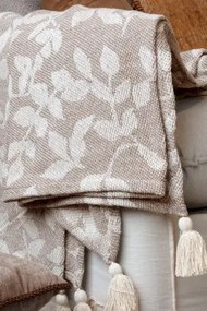 Pled țesut din bumbac și fibre reciclate, latte și crem, cu model de frunze și ciucuri, 150 x 130 cm, „Aix”