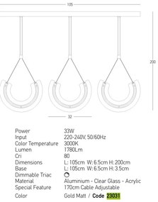 Lustra cu 3 Pendule LED, Aluminiu, Auriu, Deco Line