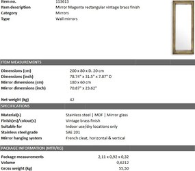 Oglinda decorativa design LUX din otel finisaj alama vintage Magenta 200x80cm 113613 HZ