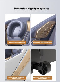 RESIGILAT- Fotoliu de masaj AMOS, cu Incalzire, Bluetooth, Display, Ecran tactil, Zero Gravity, 2 Boxe, Moduri Automate, Suport Picioare extensibil, Piele Ecologica Premium, Gri/Albastru