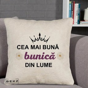 Cadou pentru Bunica - Perna Personalizata Cea Mai Buna Bunica Din Lume Coroana Mov Flori, 40x40 cm, Bej Canapea, Husa Detasabila, Perna Inclusa, BEKZ®