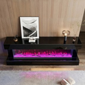 Șemineu Electric cu Flacără LED în 7 Culori, Comodă TV, Bluetooth, Difuzoare Integrate, Iluminare LED Ambientală, Telecomandă, MDF, Finisaj Negru Oglindă