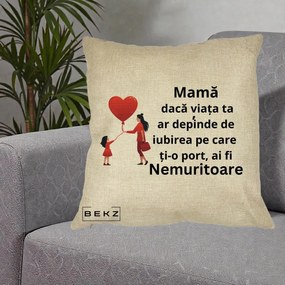 Cadou pentru Mama - Perna Personalizata Mama Nemuritoare cu Bebelus Kawaii, 40x40 cm, Crem, Husa Detasabila, Perna Inclusa, BEKZ®