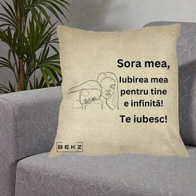 Cadou pentru Sora - Perna Personalizata Sora Mea Te Iubesc Line Art Portrete Fata in Fata, 40x40 cm, Crem, Husa Detasabila, Perna Inclusa, BEKZ®
