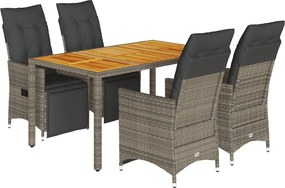vidaXL Set bistro de grădină cu perne, 5 piese, gri, poliratan