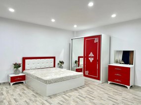 Dormitor Milano, culoare alb / rosu, cu pat tapitat 160 x 200 cm, dulap cu 2 usi, comoda cu oglinda, 2 noptiere