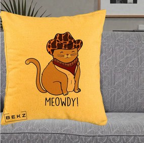 Perna Decorativa Pisica Cowboy Meowdy, 40x40 cm, Galben, Husa Detasabila, Perna Inclusa, BEKZ®