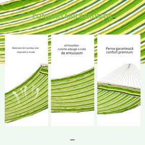 Outsunny Hamac Matrimonial in Bumbac cu Dungi Verde Galben si Alb cu Perne | Aosom Romania