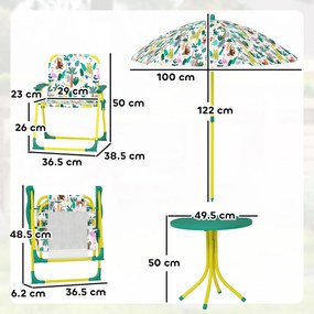 AIYAPLAY Masă de Picnic pentru Copii, Set Masă și Două Scaune Pliabile cu Umbrelă Demontabilă, Tematică Jungle, Mobilier de Exterior pentru Grădină, Terasă, Verde | Aosom Romania