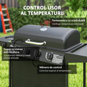 Outsunny Grătar pe Gaz cu Capac, Termometru, Măsuță Laterală și Tavă pentru Colectarea Grăsimii, 121x54x97 cm, Negru | Aosom Romania