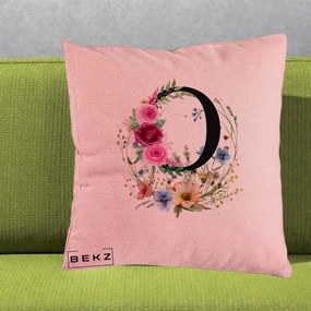 Cadou Personalizat - Perna Personalizata Monogram Litera O cu Flori Acuarela, 40x40 cm, Roz, Husa Detasabila, Perna Inclusa, BEKZ®