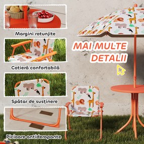 AIYAPLAY Set de Grădină pentru Copii, Masă și Scaune cu Umbrelă, Masă de Picnic pentru Exterior cu 2 Scaune Pliabile pentru Copii de 2-5 Ani, Portocaliu | Aosom Romania