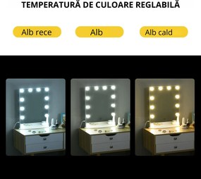 HOMCOM Oglindă de Machiaj cu Becuri LED, Design Modern și Funcțional, Ideală pentru Orice Dormitor, Alb | Aosom Romania