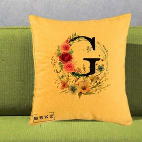 Cadou Personalizat - Perna Personalizata Monogram Litera G cu Flori Acuarela, 40x40 cm, Galben, Husa Detasabila, Perna Inclusa, BEKZ®