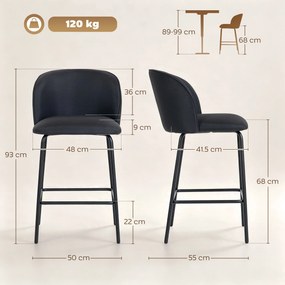 HOMCOM Set 2 scaune de bar cu spătar și suport pentru picioare, tapițerie textilă și picioare din oțel, negru | Aosom Romania