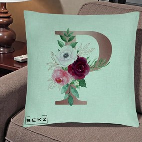 Cadou Personalizat - Perna Personalizata Monograma Rose Gold Litera P, 40x40 cm, Verde Menta, Husa Detasabila, Perna Inclusa, BEKZ®