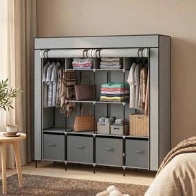 HOMCOM Dulap Portabil din Material Textil și Oțel, Garderobă cu 10 Rafturi, 4 Sertare și 2 Bare, 166x42,5x169,5 cm, Gri | Aosom Romania