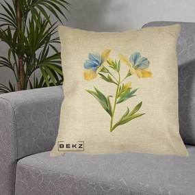 Perna Decorativa Botanica Frezie Galbena si Albastra, 40x40 cm, Crem, Husa Detasabila, Perna Inclusa, BEKZ®