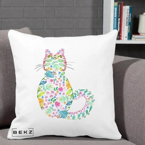 Perna Decorativa Pisica Florala Acuarela, 40x40 cm, Alba Mata, Husa Detasabila, Perna Inclusa, BEKZ®