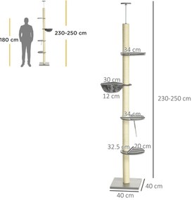 PawHut Zgâriat cu hamac, incl. Tensionare pentru tavan, înălțime totală, 40 cm x 40 cm x 250 cm, Gri + Alb crem | Aosom Romania