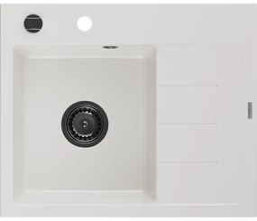 Mexen Ben chiuvetă de granit cu o cuvă și picurător stânga 600 x 500 mm, albă, sifon negru - 6522605000-20-B