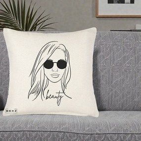 Perna Decorativa Beauty Girl Line Art, 40x40 cm, Crem Reliefat, Husa Detasabila, Perna Inclusa, BEKZ®