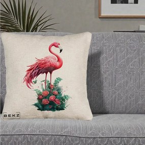 Perna Decorativa Flamingo cu Trandafiri Tropicali, 40x40 cm, Bej Canapea, Husa Detasabila, Perna Inclusa, BEKZ®
