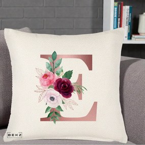 Cadou Personalizat - Perna Personalizata Monograma Rose Gold Litera E, 40x40 cm, Crem Reliefat, Husa Detasabila, Perna Inclusa, BEKZ®