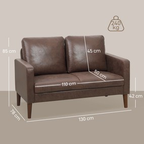 HOMCOM Divan cu 2 Locuri în Material Textil Efect Piele și Picioare din Lemn Maro | Aosom Romania