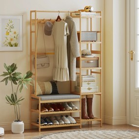 HOMCOM Cuier cu raft pentru pantofi, cârlige pentru haine, suport pentru paltoane, bancă cu pernă, pentru hol, intrare, lemn natural | Aosom Romania