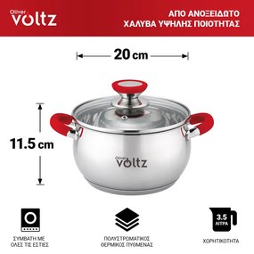 Oala Oliver Voltz OV51210N20, 20 cm, 3,5 l, Inductie, Manere silicon rosii, Inox/Roşu