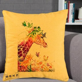 Perna Decorativa Girafa Curcubeu Acuarela, 40x40 cm, Galben, Husa Detasabila, Perna Inclusa, BEKZ®