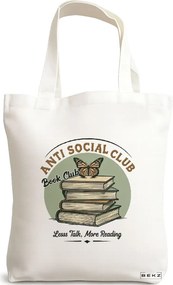 Sacosa de Panza pentru Cumparaturi, Geanta Tote, model Anti social Book Club 38 x 34.5 cm, Alba, BEKZ®