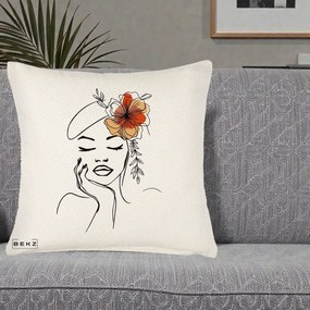 Perna Decorativa Portret Feminin Flori Palarie, 40x40 cm, Crem Reliefat, Husa Detasabila, Perna Inclusa, BEKZ®
