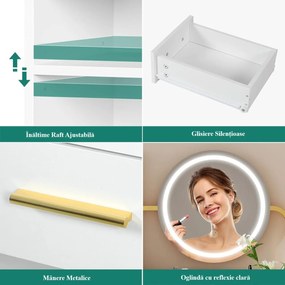 SEA825 - Set Masa toaleta 80 cm, 3 Sertare, Oglinda cu LED, Suport Uscator Par, masuta vanity, make-up cu Scaun - Alb - Auriu