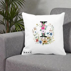 Cadou Personalizat - Perna Personalizata Monogram Litera I cu Flori Acuarela, 40x40 cm, Alba Mata, Husa Detasabila, Perna Inclusa, BEKZ®