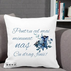 Cadou pentru Nas - Perna Personalizata Pentru Cel mai Minunat Nas Cu drag Finii, 40x40 cm, Alba Mata, Husa Detasabila, Perna Inclusa, BEKZ®